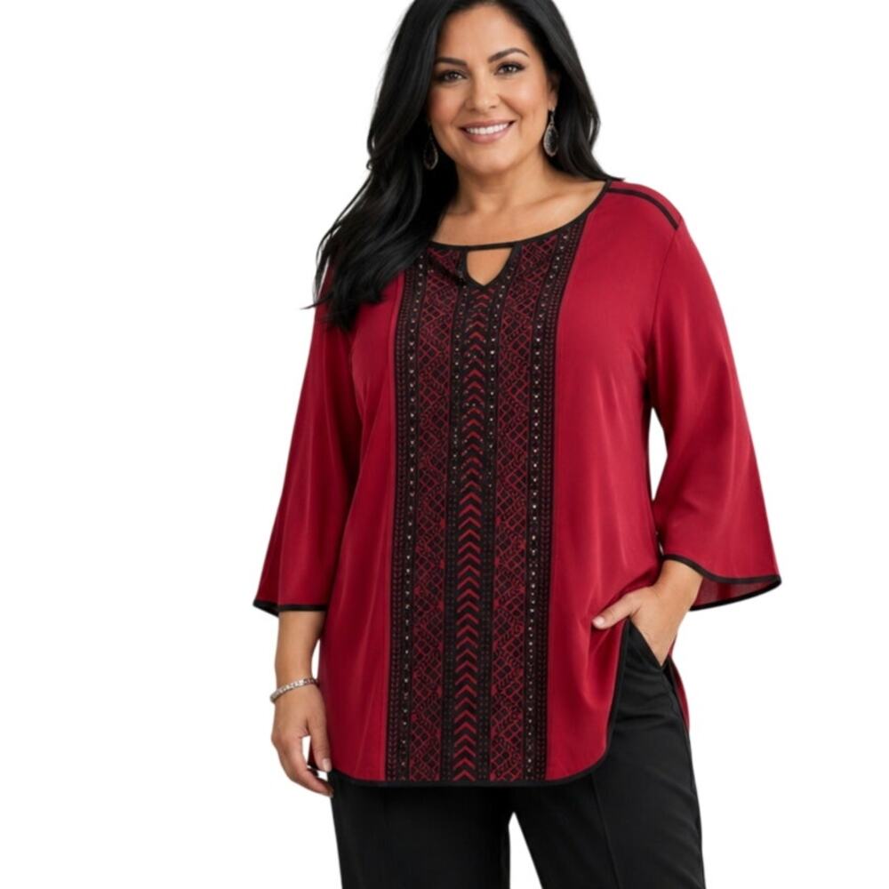 Catherines NEW Beaded Tunic Top Womens Size 3X Red Black Keyhole Cocktail Party